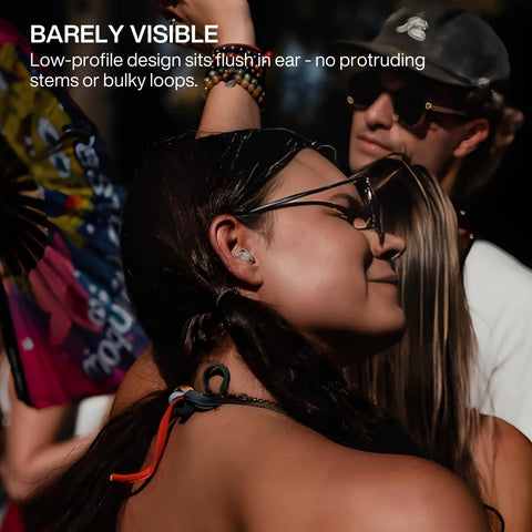 Person wearing Music Pro Concert Ear Plugs That Keep Your Ears Safe And Your Sound Clean For Gigs And Live Events Up To 20dB Noise Reduction, Reusable Ear Plugs With Filter Set And Case in ear at concert