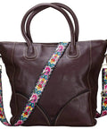 Adjustable Wide Crossbody Strap For Purses Featuring Antique Gold Tone Hardware And Fresh Flower Prints Killer Replacement Sling Strap attached to brown leather tote.