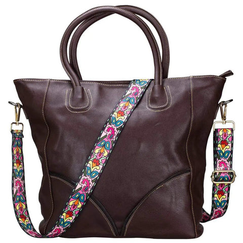 Adjustable Wide Crossbody Strap For Purses Featuring Antique Gold Tone Hardware And Fresh Flower Prints Killer Replacement Sling Strap attached to brown leather tote.