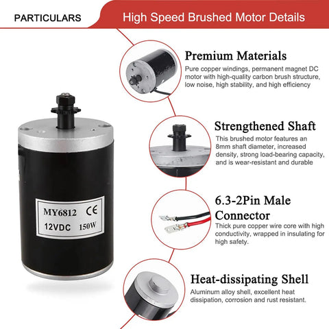 12V 150W DC Brush Electric Scooter Motor With 7 Tooth 25H Chain Sprocket High Speed 2750 RPM Replacement Part For Small Electric Rides Like Dirt Bikes And Scooters Plug And Play Ready