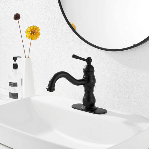 Matte Black Bathroom Faucet With 360 Degree Swivel, No Fuss Single Handle Vanity Sink Tap for 1 or 3 Hole Install on white basin