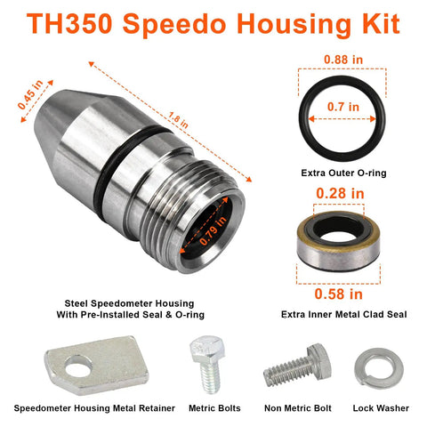 Speedometer Housing Kit For TH350 Transmission Fits 1969 And Up Turbo 350 with retainer, seals, bolts, washer.