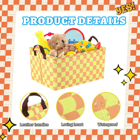 Three Pack Cartoon Canvas Storage Baskets With Leather Handles Waterproof Collapsible Organizer Bins For Closet And Bedroom Go To Organization 16 X 11 X 8 Inches Black Yellow Blue filled with toys