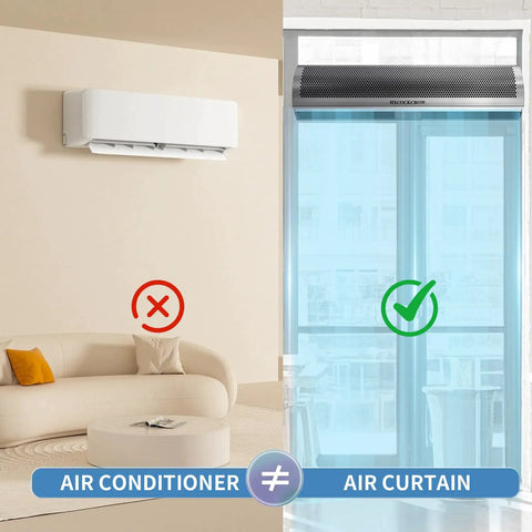 Solid As A Rock Sixty Inch Commercial Air Curtain Stainless Steel Build shown next to air conditioner, illustrating its purpose.