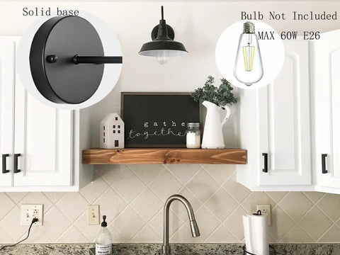 Two Pack Black Farmhouse Vanity Light Fixtures E26 Wall Lamps Sconces in kitchen setting, solid base, bulb not included