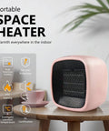 Portable Ceramic Space Heater 1000W 800W With Quick Heat In 2 Seconds, Super Quiet 50dB Desk Heater For Office Or Home, Pink on table