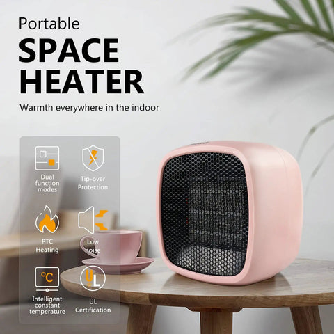 Portable Ceramic Space Heater 1000W 800W With Quick Heat In 2 Seconds, Super Quiet 50dB Desk Heater For Office Or Home, Pink on table