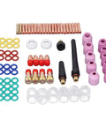 Premium TIG Welding Torch Kit With Gas Lens Type 10 Glass Ceramic Cup And Copper Accessories designed for WP17 WP18 WP26, showcasing fittings and components.