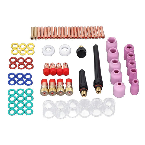 Premium TIG Welding Torch Kit With Gas Lens Type 10 Glass Ceramic Cup And Copper Accessories designed for WP17 WP18 WP26, showcasing fittings and components.