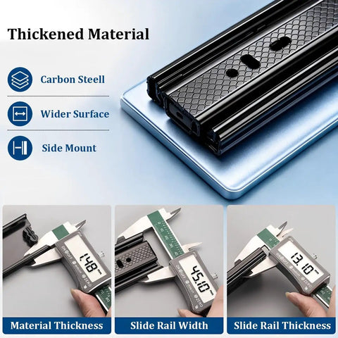 Black Side Mount Drawer Slides 3-Section Full Extension Silent Ball Bearing With Detachable Quick Release measurements