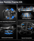 Pavo Femto Brushless Whoop Frame with HD VTX Bracket showcasing shock-absorbing components and secure connection features for DIY drones.