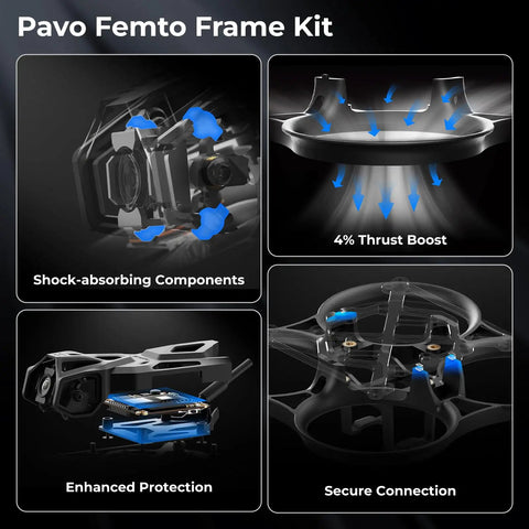 Pavo Femto Brushless Whoop Frame with HD VTX Bracket showcasing shock-absorbing components and secure connection features for DIY drones.