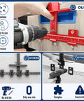 Dead On Accuracy Cabinet Drill Jig For Perfect Handle Alignment And Drawer Pull Placement With Solid Aluminum Body in use with drill.