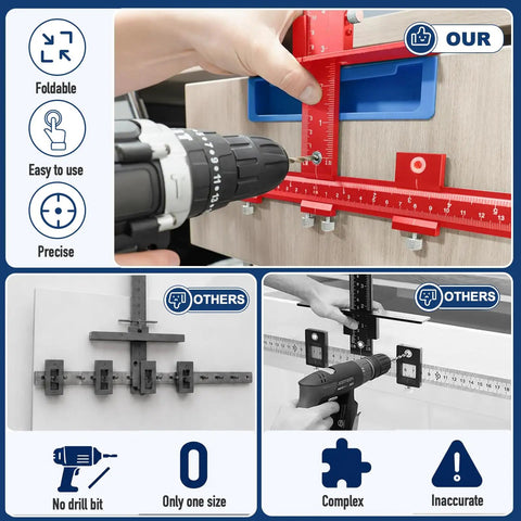 Dead On Accuracy Cabinet Drill Jig For Perfect Handle Alignment And Drawer Pull Placement With Solid Aluminum Body in use with drill.