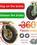 Smooth Operator Heavy Duty Industrial Casters with eight and ten inch thick rubber wheels featuring 360° rotation and swivel brakes.