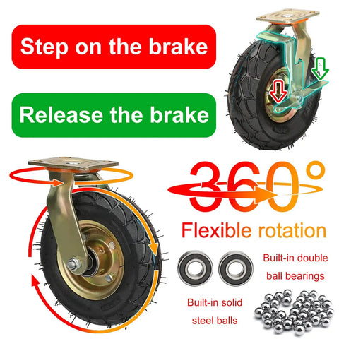 Smooth Operator Heavy Duty Industrial Casters with eight and ten inch thick rubber wheels featuring 360° rotation and swivel brakes.