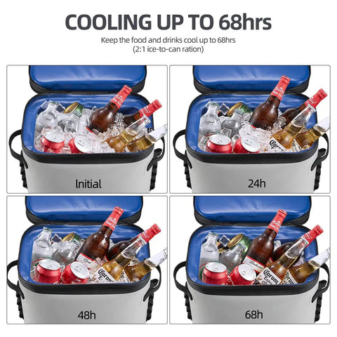 Leak Proof Insulated Backpack Cooler Holds 36 Cans Soft Side Waterproof Bag Keeps Your Brews Ice Cold Without The Drip, showing cooling progress over time.