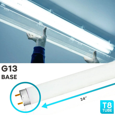 Person installing 17W 24 Inch T8 Fluorescent Tube Light Bulb 6500K Daylight Plus, 1350 Lumens, G13 Bi Pin Base, 12 Pack into fixture
