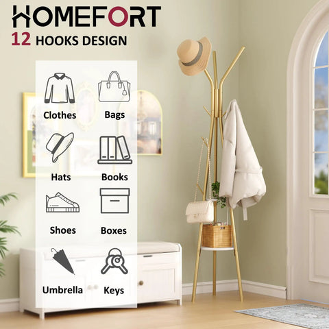 Coat Rack With 12 Hooks Freestanding Hall Tree In Gold Finish Dope Modern Industrial Style Entryway Organizer With Two Wooden Shelves For Clothes Hats And Scarves Sturdy Metal Coat Hanger Stand in a room setting.