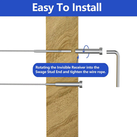Invisible Cable Railing Kit For 2x2 And 4x4 Posts With Swage Tensioner Hardware installation on wooden post.
