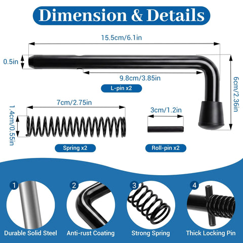 Dimensions and details of Heavy Duty 819T Trailer Gate Spring Pin Latch Kit Black Two Pack with solid steel and springs.