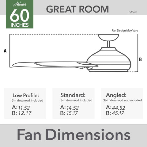 Dimensions of a 60 Inch Indoor Outdoor Ceiling Fan Without Light With Wall Control Matte Black For Patio Garage Or Porch Quiet Beastly Airflow With SureSpeed 7 Blades Standard Mount Downtown 51590, showing low profile, standard, and angled mount specifications.