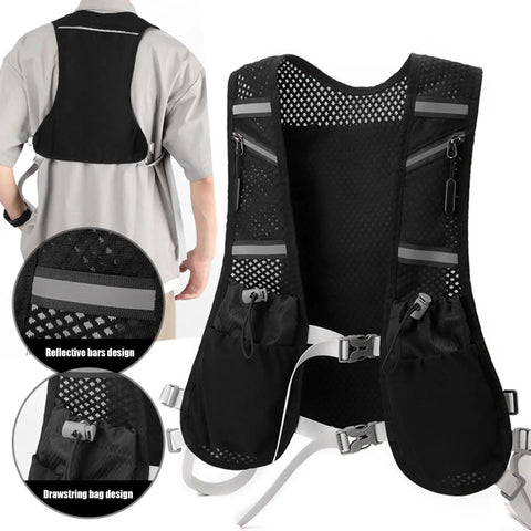 Hydration Running Vest With Two 500ml Bottle Holders, reflective safety stripes, dual front pockets, breathable mesh fabric