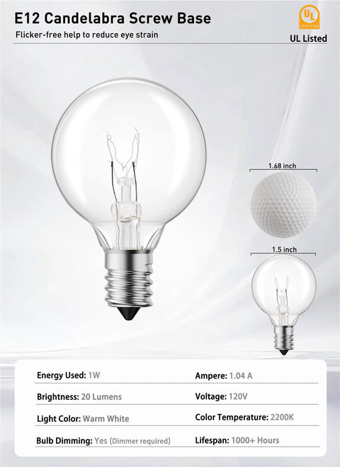 Old School Edison G40 Replacement Light Bulbs 5W Clear Globe showing size comparison with E12 Candelabra Base details