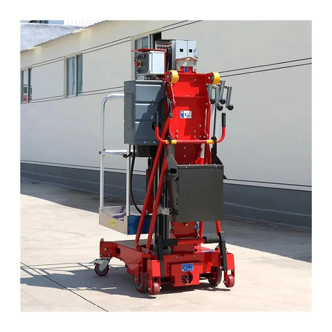 Kickass Portable Aluminum Alloy Electric Hydraulic Telescopic Mast Man Lift With Smooth Operation Platform Hella Stable Heavy Duty Roofer Work Tower Up To Fourteen Meters High, red compact design and hydraulic controls.