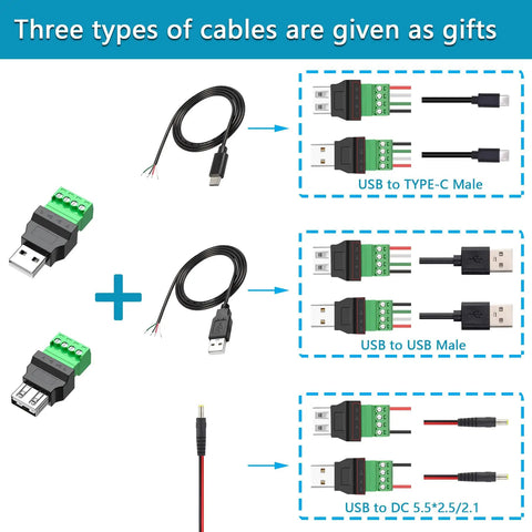 USB 2.0 Type A To 4 Pin Terminal Block Connector Adapter Pack with three types of cables for electronics testing and conversion.