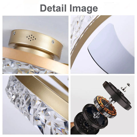 Detailed view of 19.7 Inch Flush Mount Ceiling Fan With Lights Remote Control Low Profile Bladeless Modern Design parts in gold and crystal.