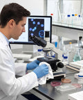 Scientist using Pro Grade Cleanroom Microfiber Wipes 100 Pack to clean microscope in lab setting.