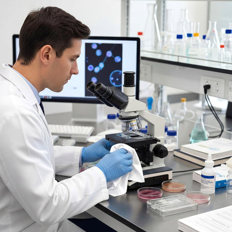 Scientist using Pro Grade Cleanroom Microfiber Wipes 100 Pack to clean microscope in lab setting.