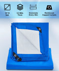 3 Pack 10 Foot By 10 Foot Heavy Duty Waterproof Tarps With Grommets 5.5 Mil Thick PE Ground Cover; blue tarp folded showing corner grommet