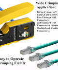 Pro Grade RJ45 Crimp Tool Kit With Pass Through Connectors For Cat7 Cat6a Cat6 Cat5e Cat5 with yellow crimping tool in use