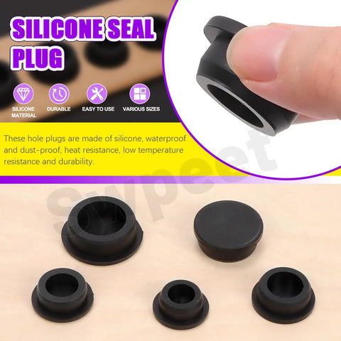 Silicone Hole Plug Kit with 5 sizes shown, T-shaped rubber stopper, ideal for sealing, waterproof, panel seal cover.