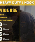 Worker installing heavy-duty J hooks in a garage. Text highlights uses in garages, warehouses, and trucks with quality features.