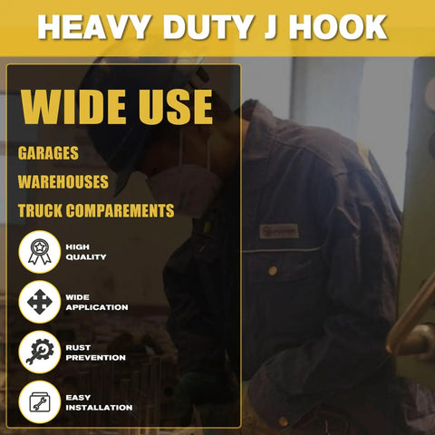 Worker installing heavy-duty J hooks in a garage. Text highlights uses in garages, warehouses, and trucks with quality features.