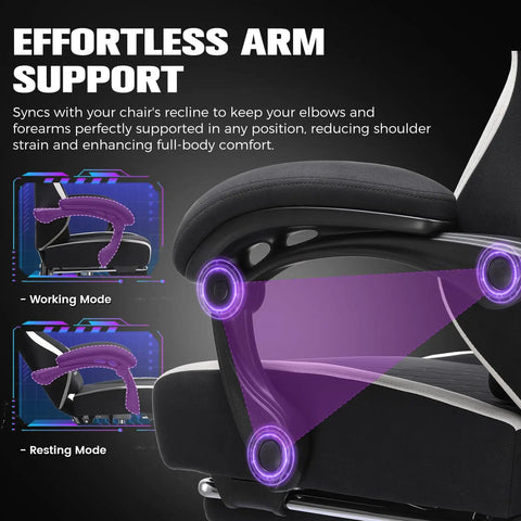 Effortless arm support on Ergonomic Gaming Chair With Footrest And Lumbar Support Boss Level Comfort In High Back Recliner.