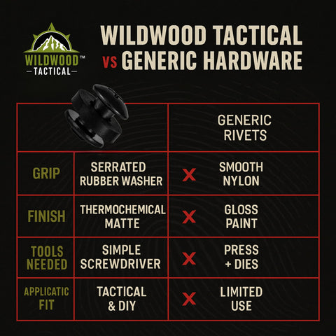 Comparison table of Wildwood Tactical vs Generic Hardware featuring serrated rubber washer, thermochemical matte finish, and tools needed.