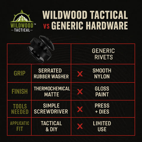 Comparison chart showcasing Heavy Beefy Black Chicago Screws Three Eighths Inch Twelve Piece Kit vs. generic rivets for DIY projects.