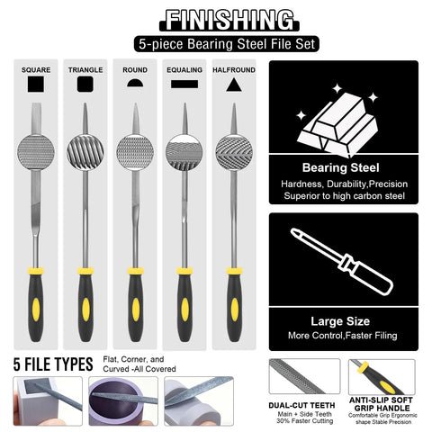 5-piece bearing steel file set from 52 Piece 3D Printer Tools Kit For FDM And SLA Printers with ergonomic soft grip handles.