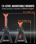 Pair of VEVOR 6-ton car jack stands, red, adjustable 14.2–23 in, double-locking.
