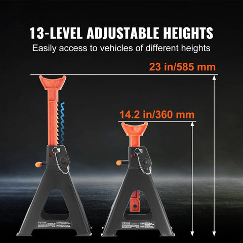 Pair of VEVOR 6-ton car jack stands, red, adjustable 14.2–23 in, double-locking.