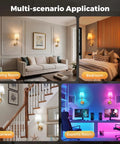 Battery Operated Wall Sconce Set of Two, Wireless Wall Lights with Remote displayed in a living room, bedroom, stairwell, and esports room.