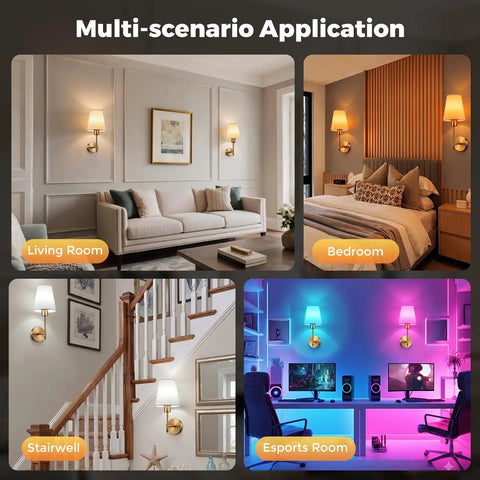 Battery Operated Wall Sconce Set of Two, Wireless Wall Lights with Remote displayed in a living room, bedroom, stairwell, and esports room.