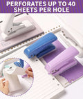Single Hole Punch For Crafts And Scrapbooks With 40 Sheets Punch Capacity, shown in white, blue, and purple, non-slip base on paper.