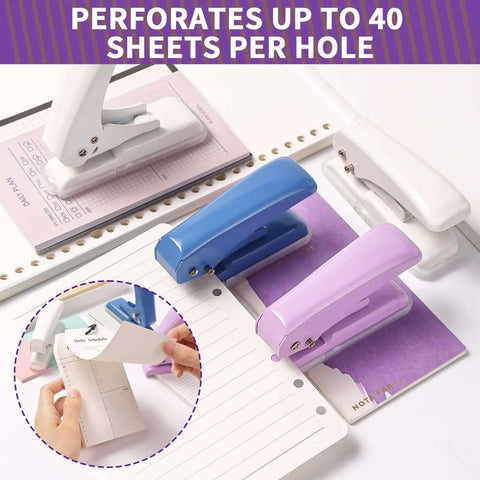 Single Hole Punch For Crafts And Scrapbooks With 40 Sheets Punch Capacity, shown in white, blue, and purple, non-slip base on paper.