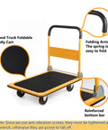 Heavy Duty Foldable Platform Truck With 880 Lb Capacity For Large Loads, space saving push cart, yellow with folding armrest.