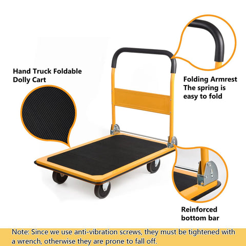 Heavy Duty Foldable Platform Truck With 880 Lb Capacity For Large Loads, space saving push cart, yellow with folding armrest.